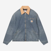 Veste OG Detroit Carhartt WIP en denim bleu Old Used Wash, col en velours côtelé camel, à plat de face fermée