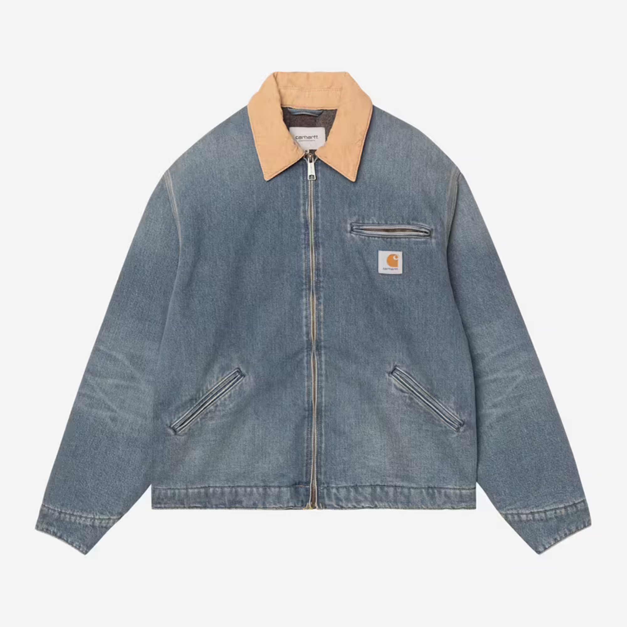 Veste OG Detroit Carhartt WIP en denim bleu Old Used Wash, col en velours côtelé camel, à plat de face fermée