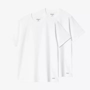 Les deux t-shirts blancs identiques à plat, col rond et logo Carhartt imprimé en noir sur l'ourlet avant