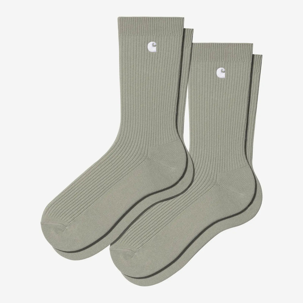 Chaussettes Madison vert sauge grisé, maille côtelée et logo C brodé blanc, paire présentée à plat