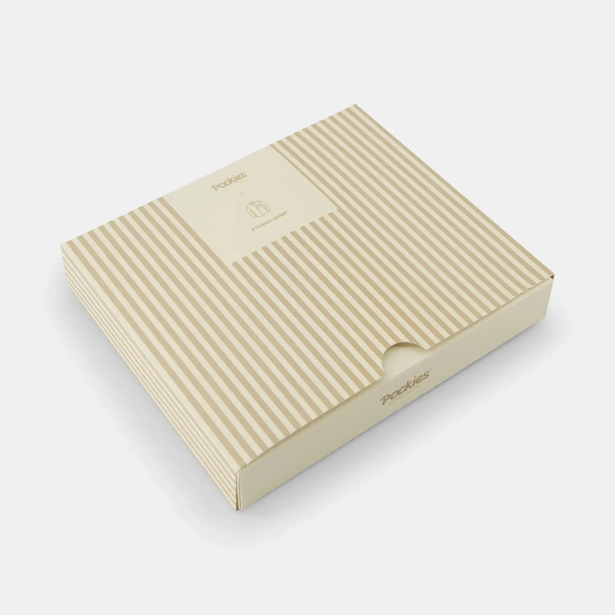 Coffret cartonné Pockies rayé sable et crème, fermeture à tiroir, vu de trois quarts