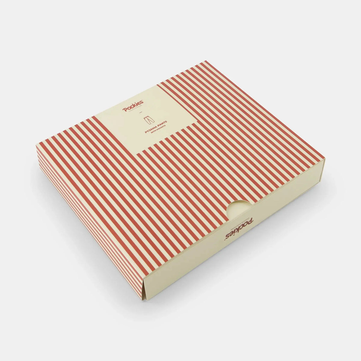 Coffret cartonné rayé terracotta et crème du pantalon de pyjama Pockies, vu de trois quarts