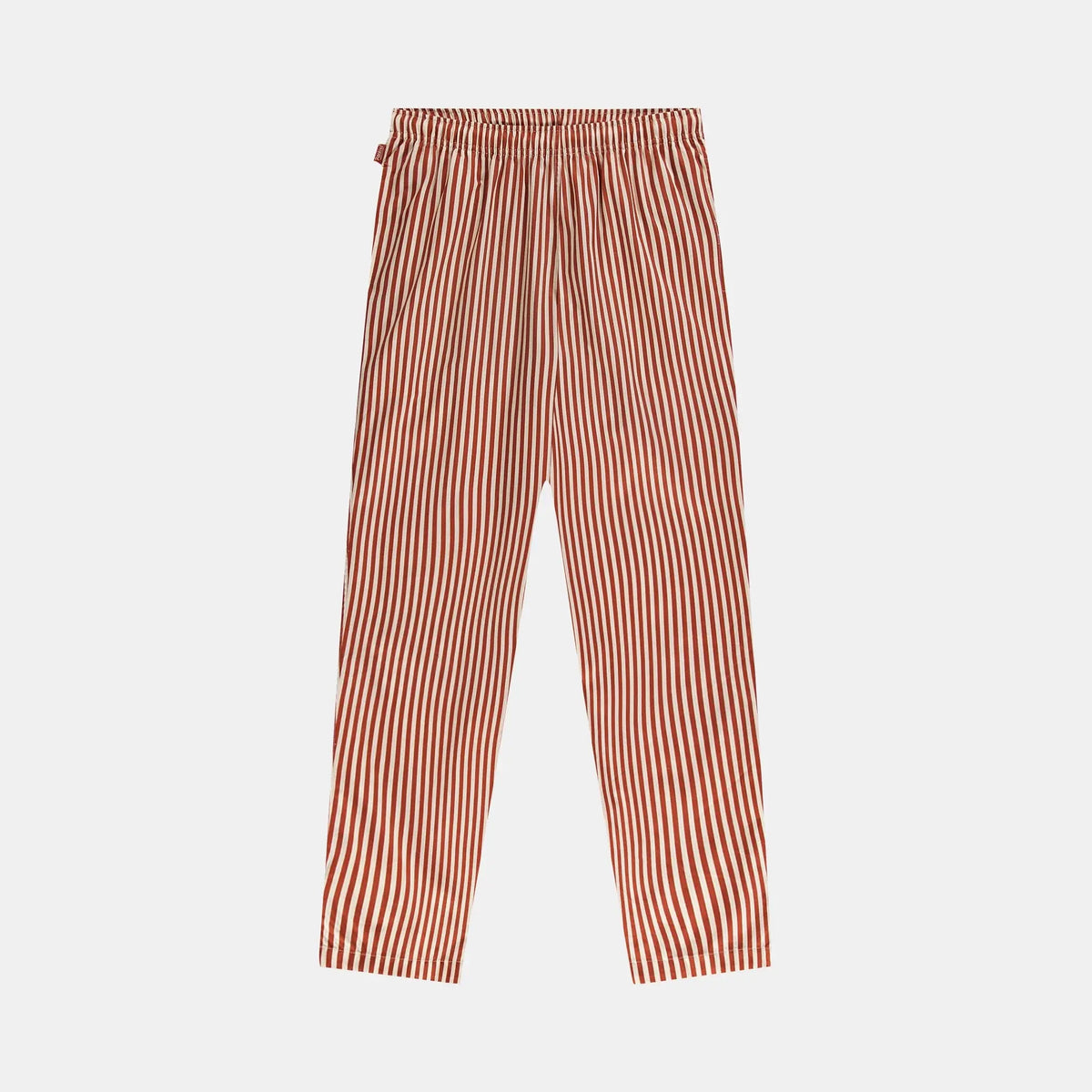 Pantalon de pyjama à fines rayures terracotta sur fond crème, taille élastiquée et poches latérales, à plat