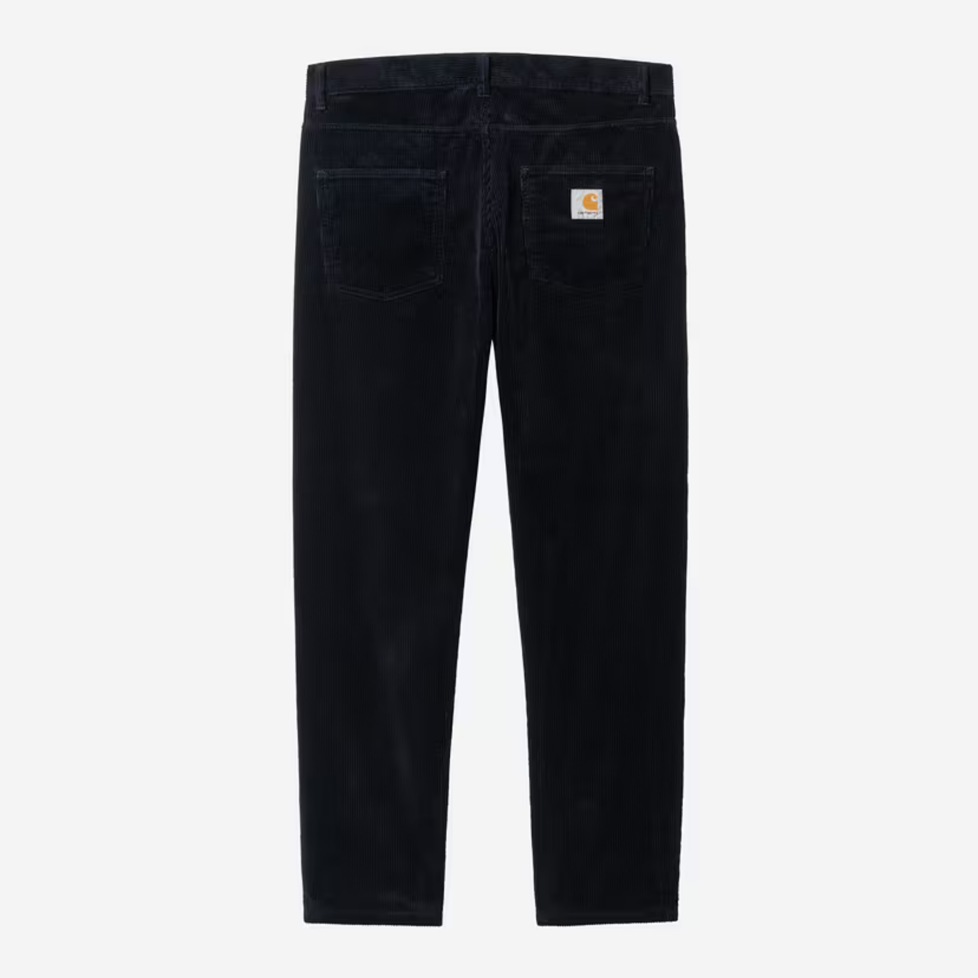 Pantalon Newel velours bleu marine Carhartt WIP vu de dos à plat, étiquette Square Label sur la poche droite