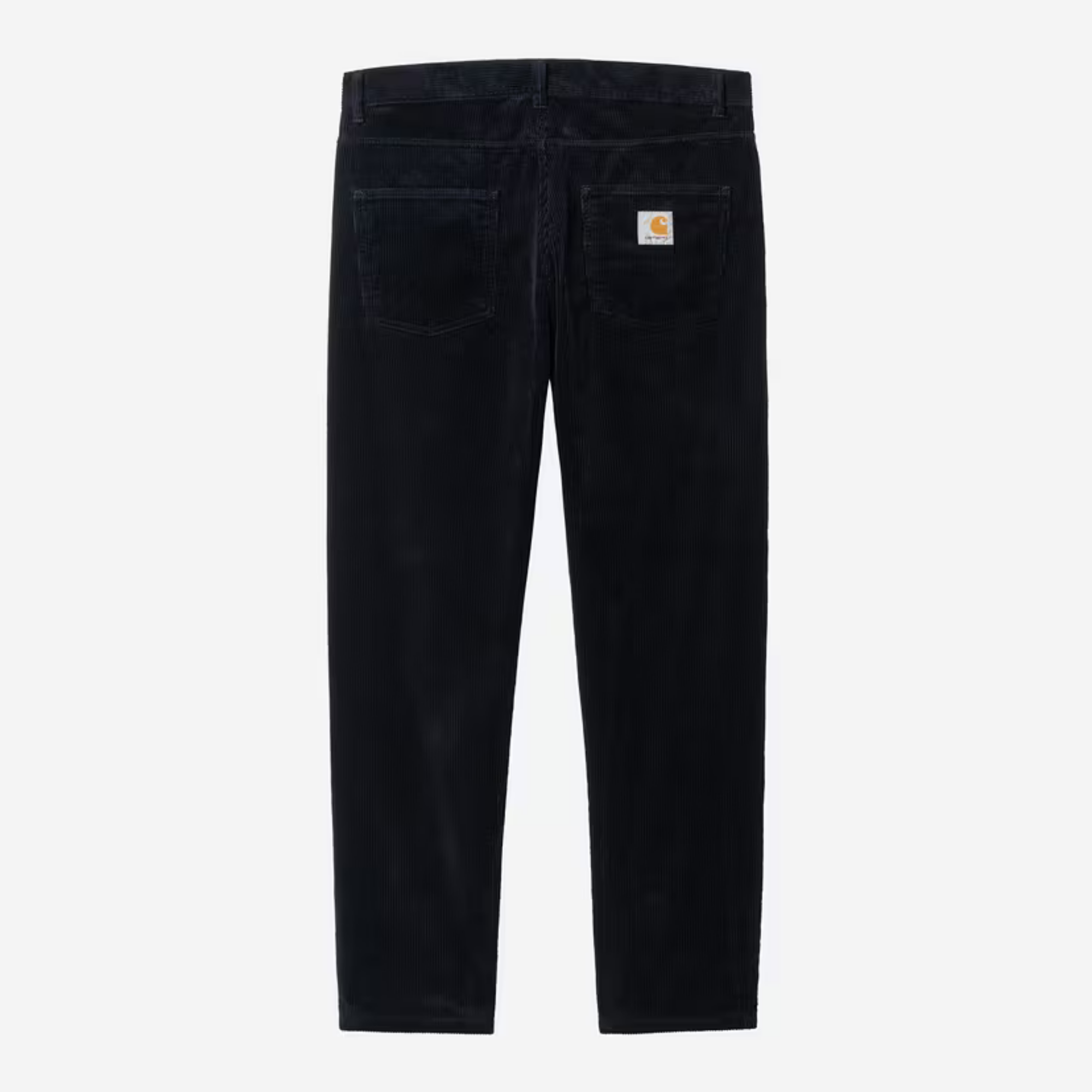 Pantalon Newel velours bleu marine Carhartt WIP vu de dos à plat, étiquette Square Label sur la poche droite