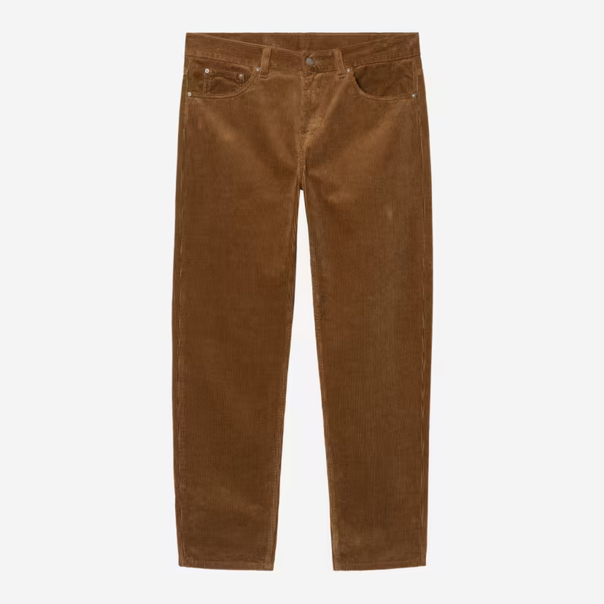 Pantalon Newel Carhartt WIP en velours côtelé marron WIP H Brown, vue de face à plat, cinq poches