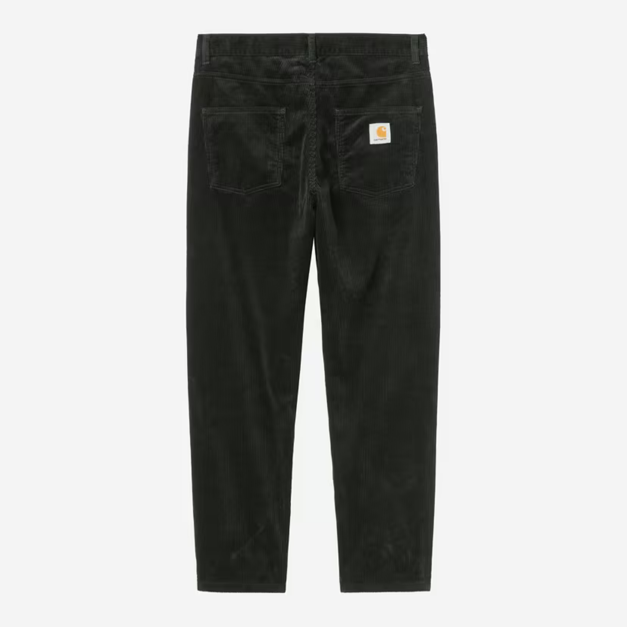 Pantalon Newel velours vert foncé Carhartt WIP vu de dos à plat, étiquette Square Label sur la poche droite