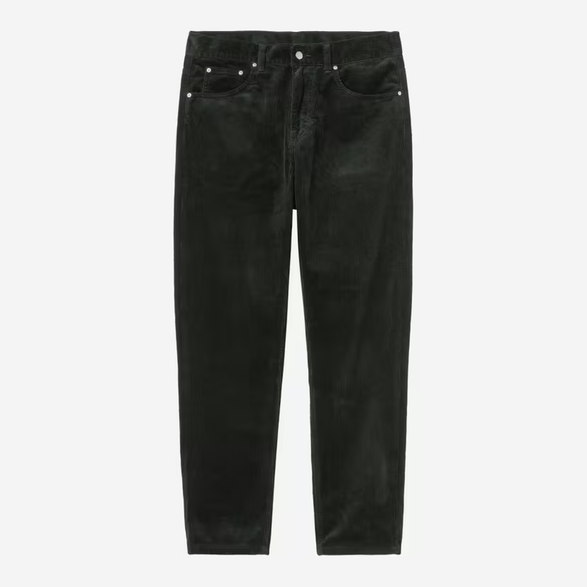 Pantalon Newel Carhartt WIP en velours côtelé vert foncé Raven, vue de face à plat, cinq poches