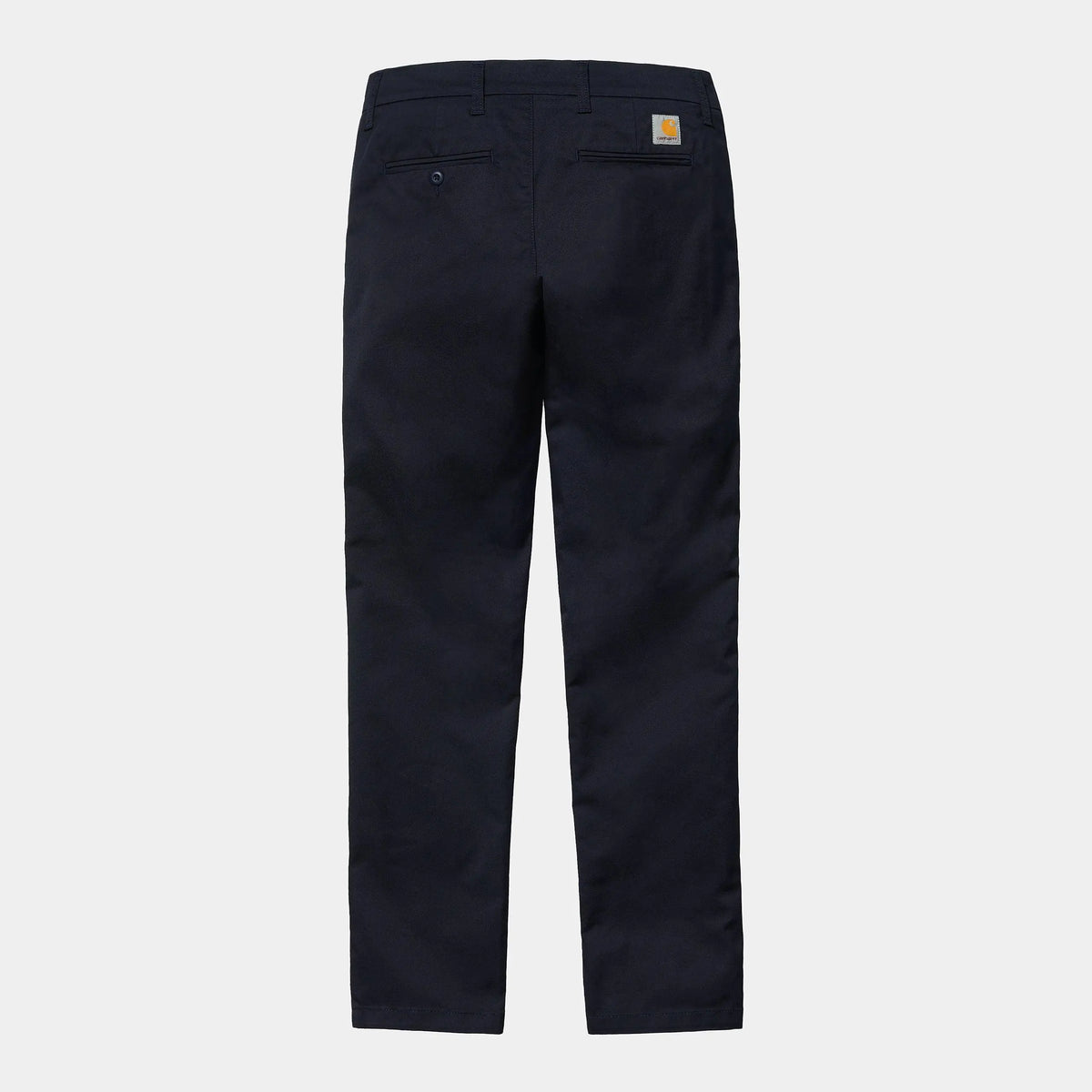 Sid Pant bleu marine à plat de dos, deux poches arrière passepoilées et Square Label tissé côté droit