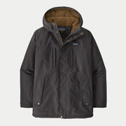 Parka Isthmus Ink Black Patagonia à plat, capuche ouverte doublée sherpa camel et poches poitrine zippées passepoilées