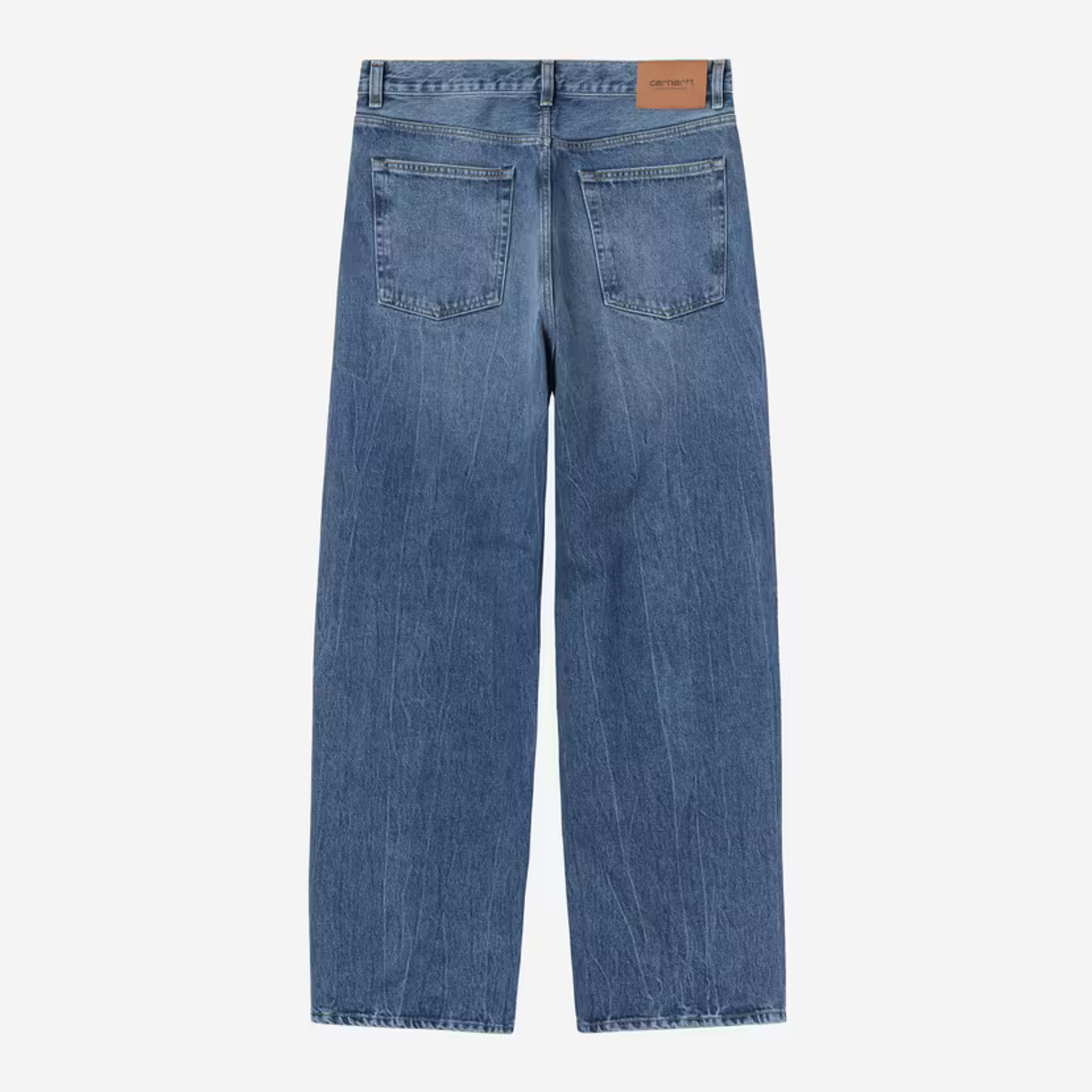 Jean Payson Carhartt WIP Blue Marble Used Wash vu de dos, patch cuir Carhartt et poches plaquées