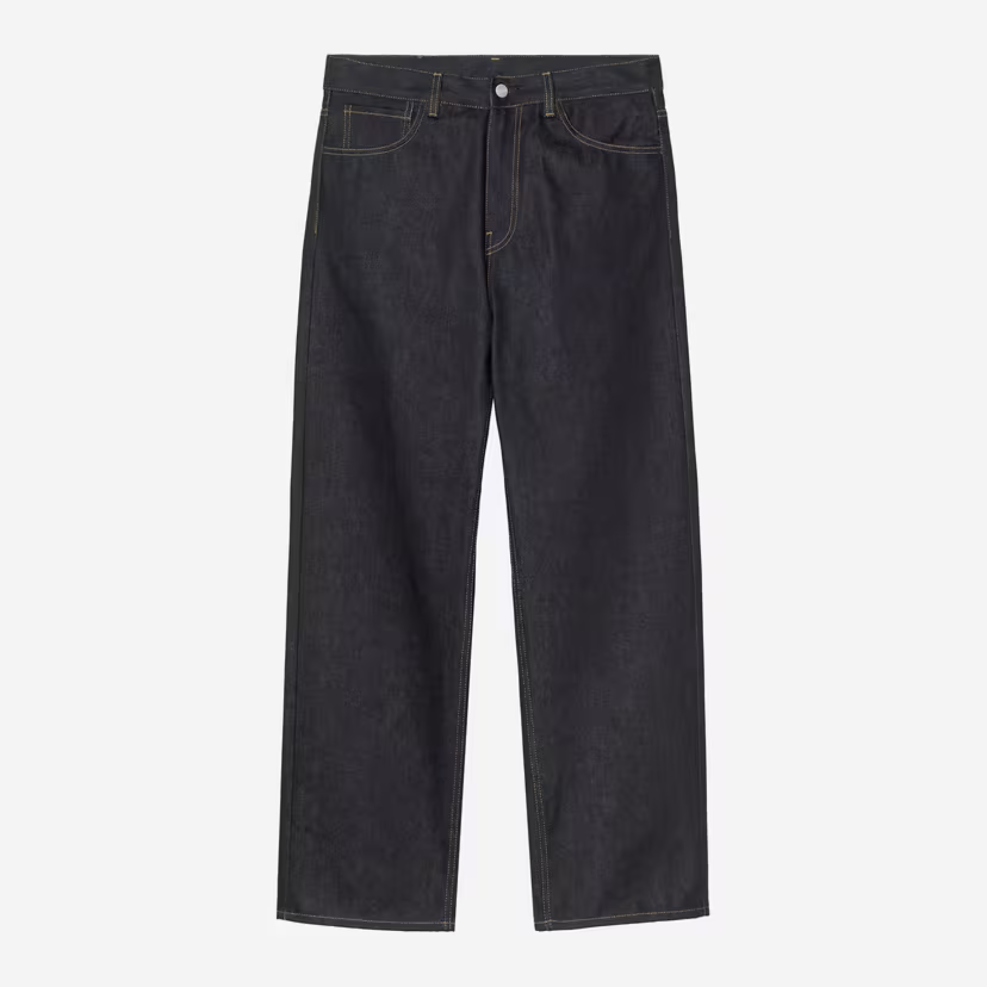 Jean Payson Carhartt WIP Blue Rigid, denim brut indigo foncé, surpiqûres ocre et cinq poches, vu de face