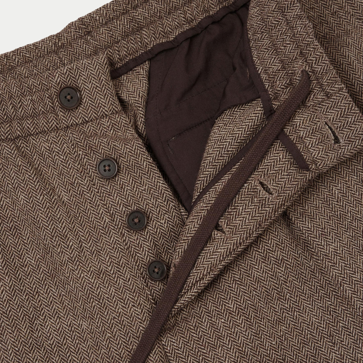 Pleated Track Pant Wool Herringbone marron Universal Works - braguette à boutons ouverte et cordon de serrage