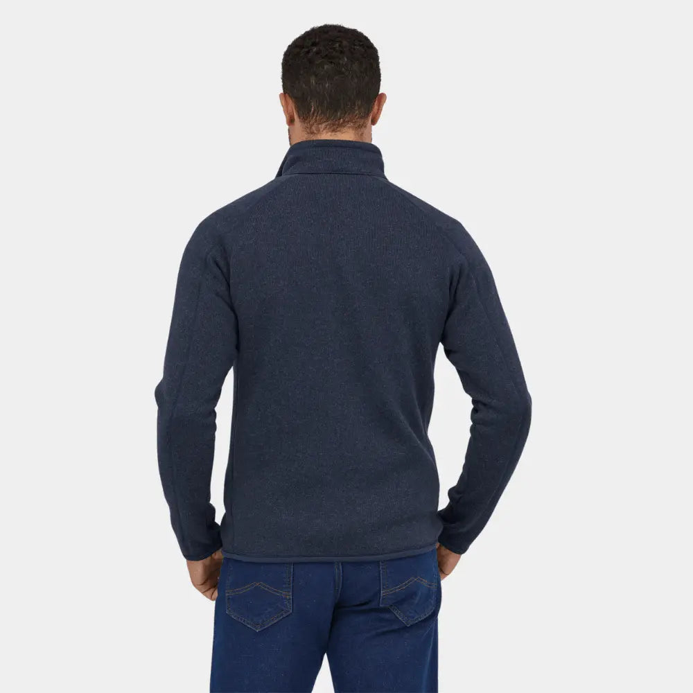 Better Sweater Bleu Marine vu de dos, maille chinée et bas de veste bordé