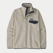 Polaire Patagonia Snap-T beige avoine chiné à plat de face : patte à 4 pressions et poche poitrine à rabat en nylon marine