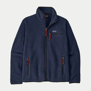 Veste polaire Retro Pile New Navy Patagonia à plat de face, zip intégral, tirettes cordon rouges et liserés noirs