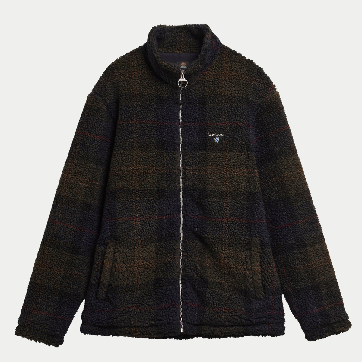 Polaire sherpa Barbour tartan olive foncé, vue à plat de face zip fermé et poches passepoilées