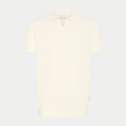 Polo écru en maille fine à col ouvert sans boutonnage, manches courtes à revers