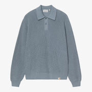 Polo Miles bleu-gris clair à plat, côtes anglaises en relief, boutons ton sur ton et étiquette sur l'ourlet
