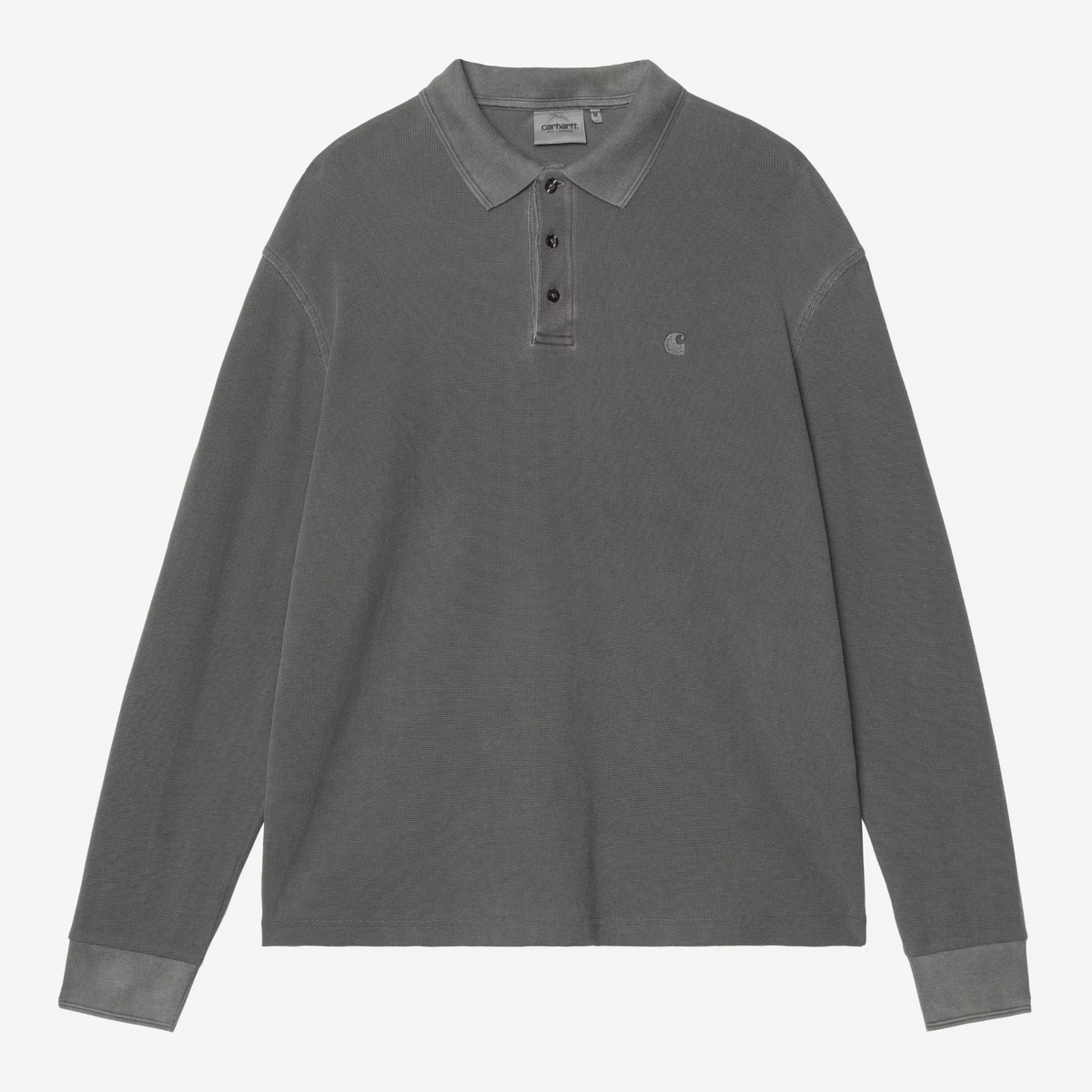 Polo Rugby Waffle gris Carhartt WIP à plat, col chemise rabattu, patte de boutonnage à 3 boutons et 'C' Logo brodé poitrine