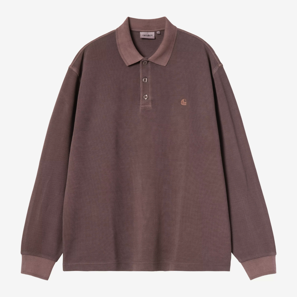 Polo Rugby Waffle Palisander Carhartt WIP à plat, col chemise rabattu, patte 3 boutons et 'C' Logo brodé poitrine