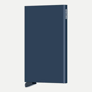 Porte-cartes aluminium bleu marine mat de face, marquage SECRID blanc sur la tranche