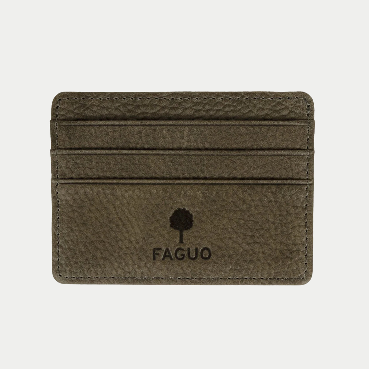 Porte-cartes Faguo en cuir grainé vert foncé, face au logo arbre embossé et ses trois emplacements cartes