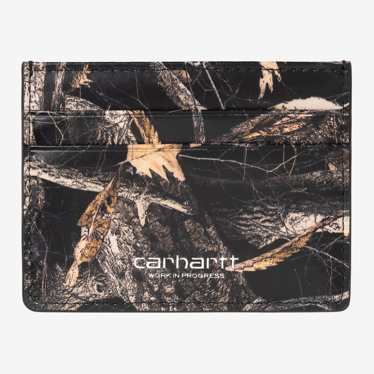 Porte-cartes Vegas Carhartt WIP camo Feather Tree, face avant, deux fentes à cartes et logo Work In Progress blanc