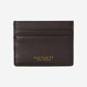 Porte-cartes Vegas Carhartt WIP en cuir marron foncé, face avant, Script Logo doré et deux fentes à cartes