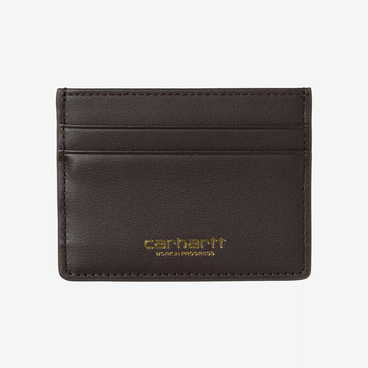 Porte-cartes Vegas Carhartt WIP en cuir marron foncé, face avant, Script Logo doré et deux fentes à cartes