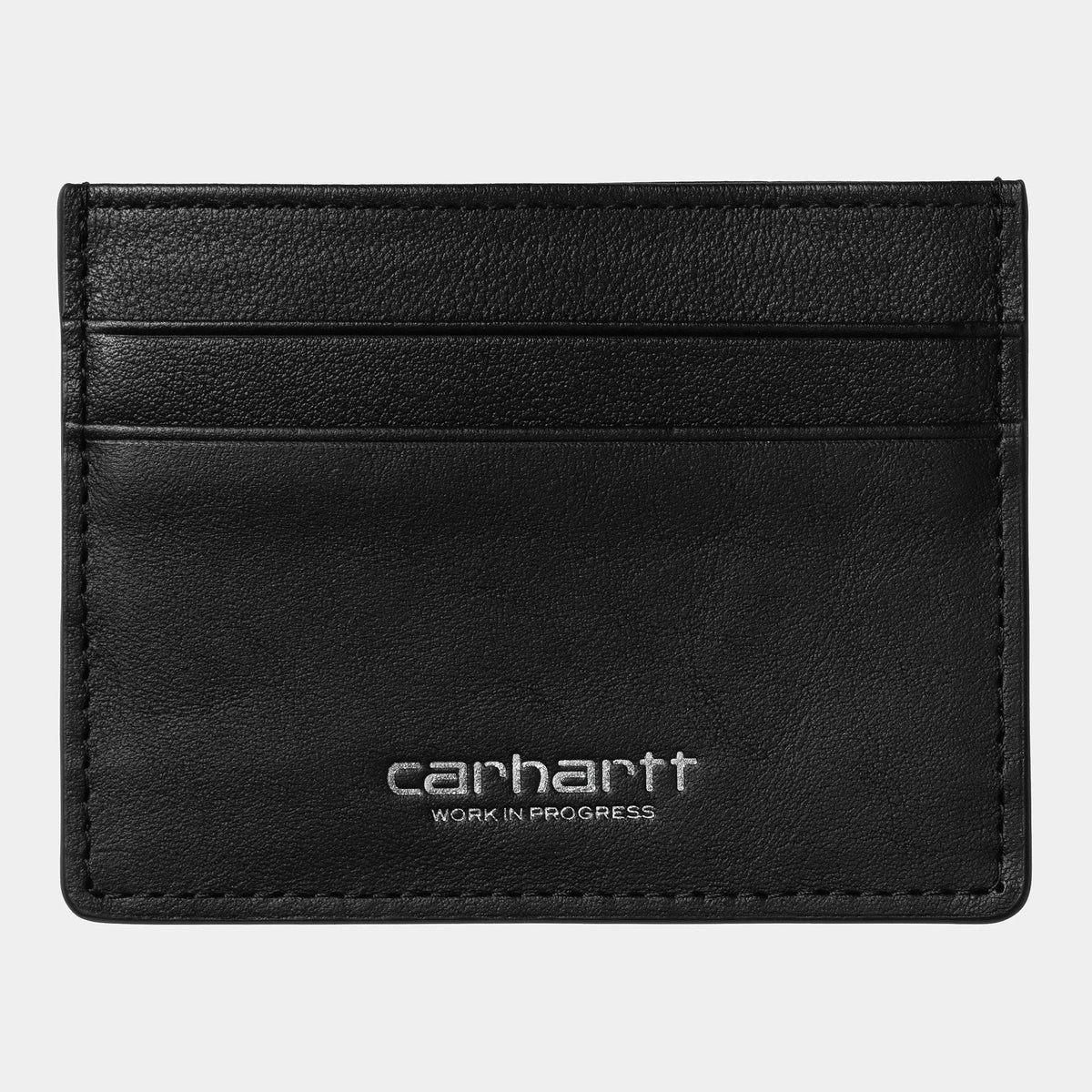 Porte-cartes Vegas en cuir noir lisse, fentes à cartes superposées et lettrage embossé argenté