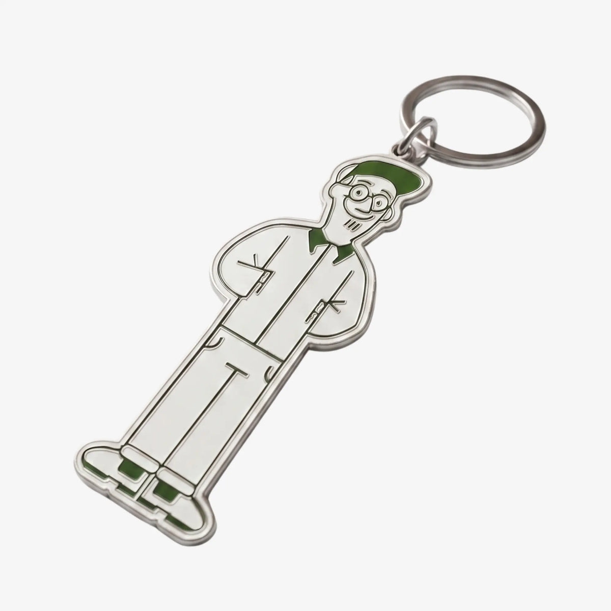 Porte-clés Claude en métal argenté : le bonhomme Klubb à lunettes rondes, casquette et col verts, anneau rond fendu
