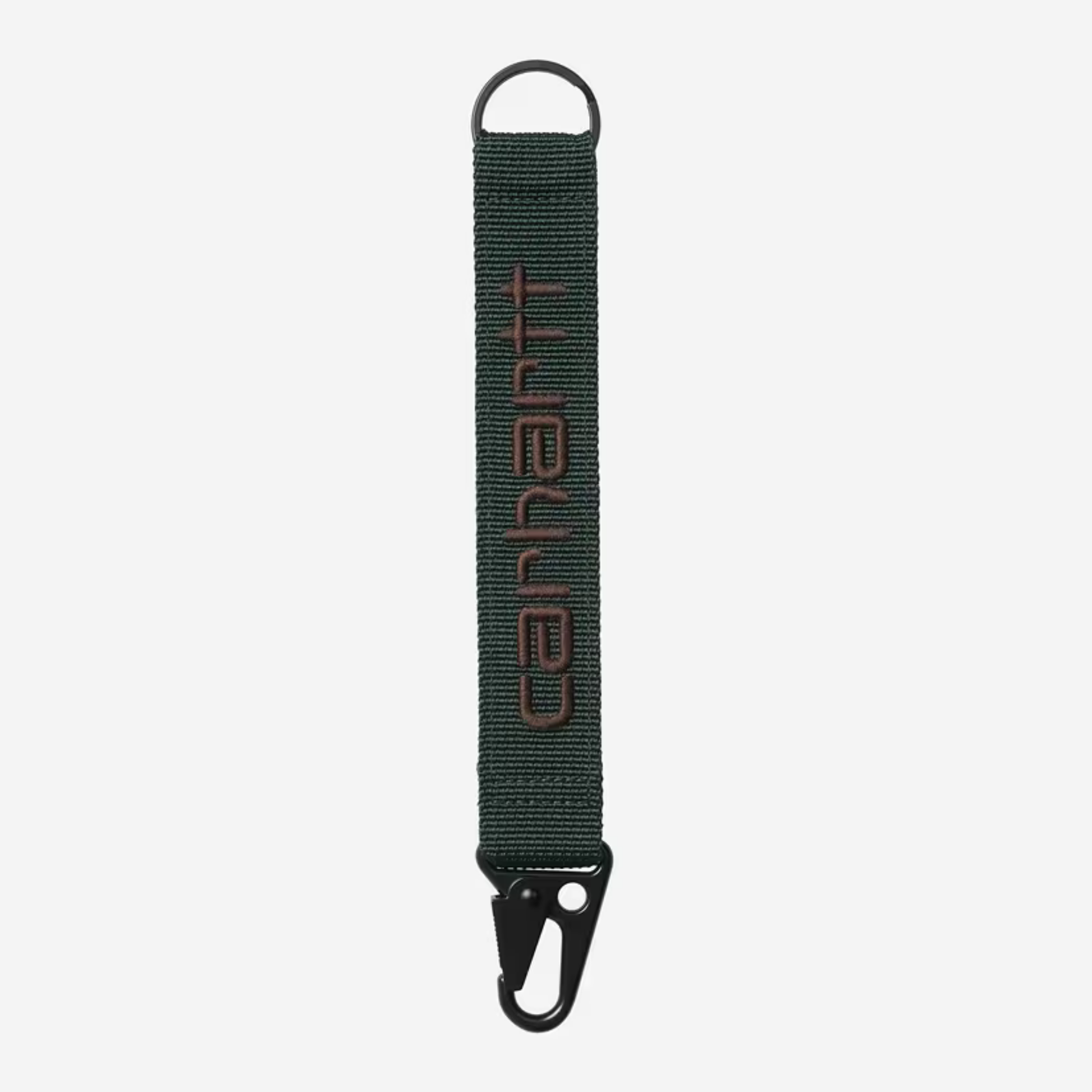 Porte-clés Jaden Dark Scarab Carhartt WIP : sangle polyester vert sapin, Script brodé brun, anneau en D et mousqueton noirs
