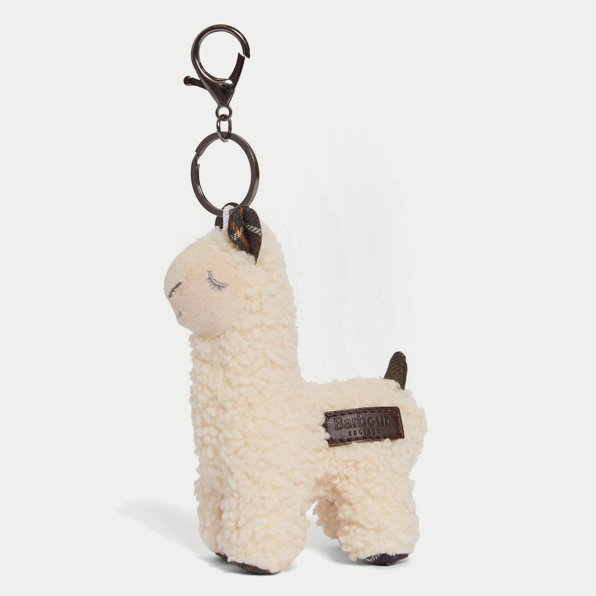 Porte-clés Lama Barbour - de profil, bouclette écrue, oreilles en tartan et anneau métal