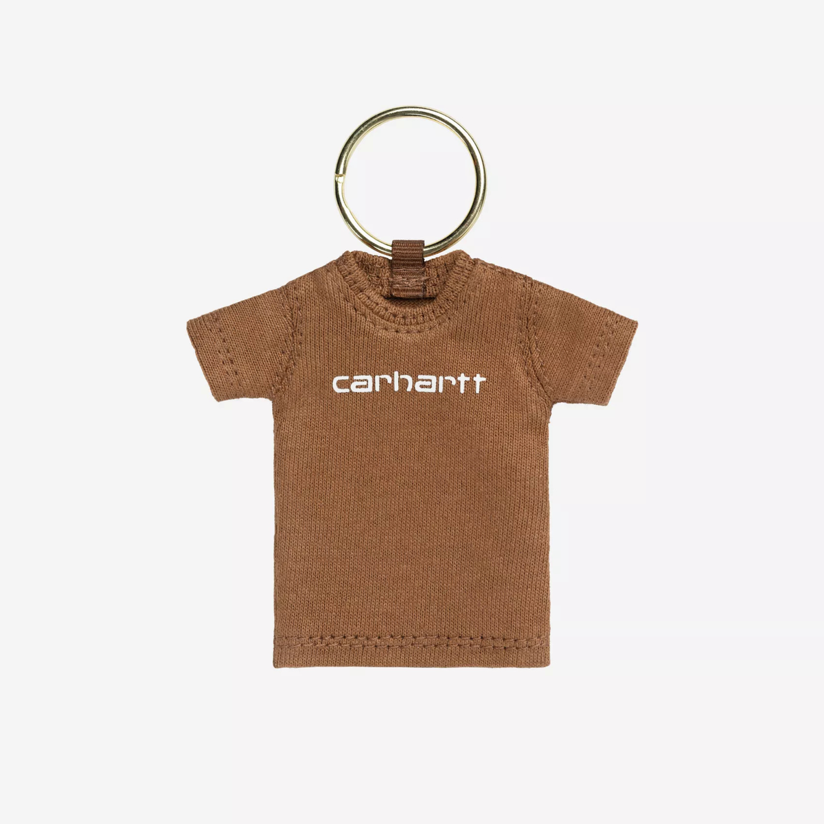 Porte-clés mini T-shirt en maille brun caramel, lettrage blanc sur le devant et anneau doré au col