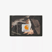 Portefeuille Alec fermé, camo forestier sur fond noir, biais noir contrastant et étiquette tissée claire