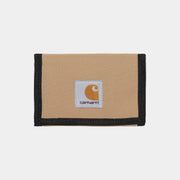 Portefeuille Alec fermé, toile beige sable Peanut, étiquette carrée blanche brodée au centre et bords noirs