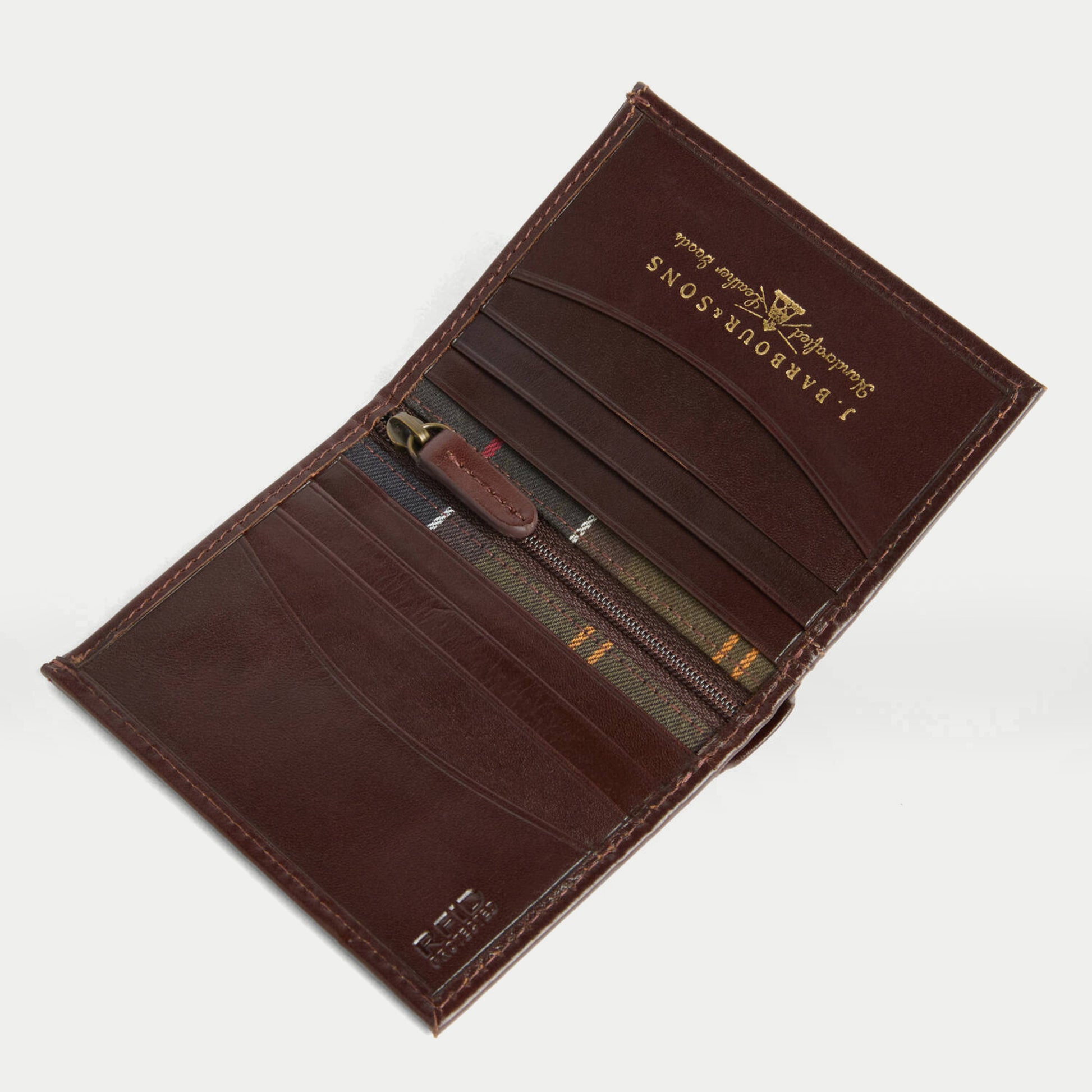 Portefeuille Colwell marron Barbour - ouvert, six fentes cartes, poche zippée et doublure tartan