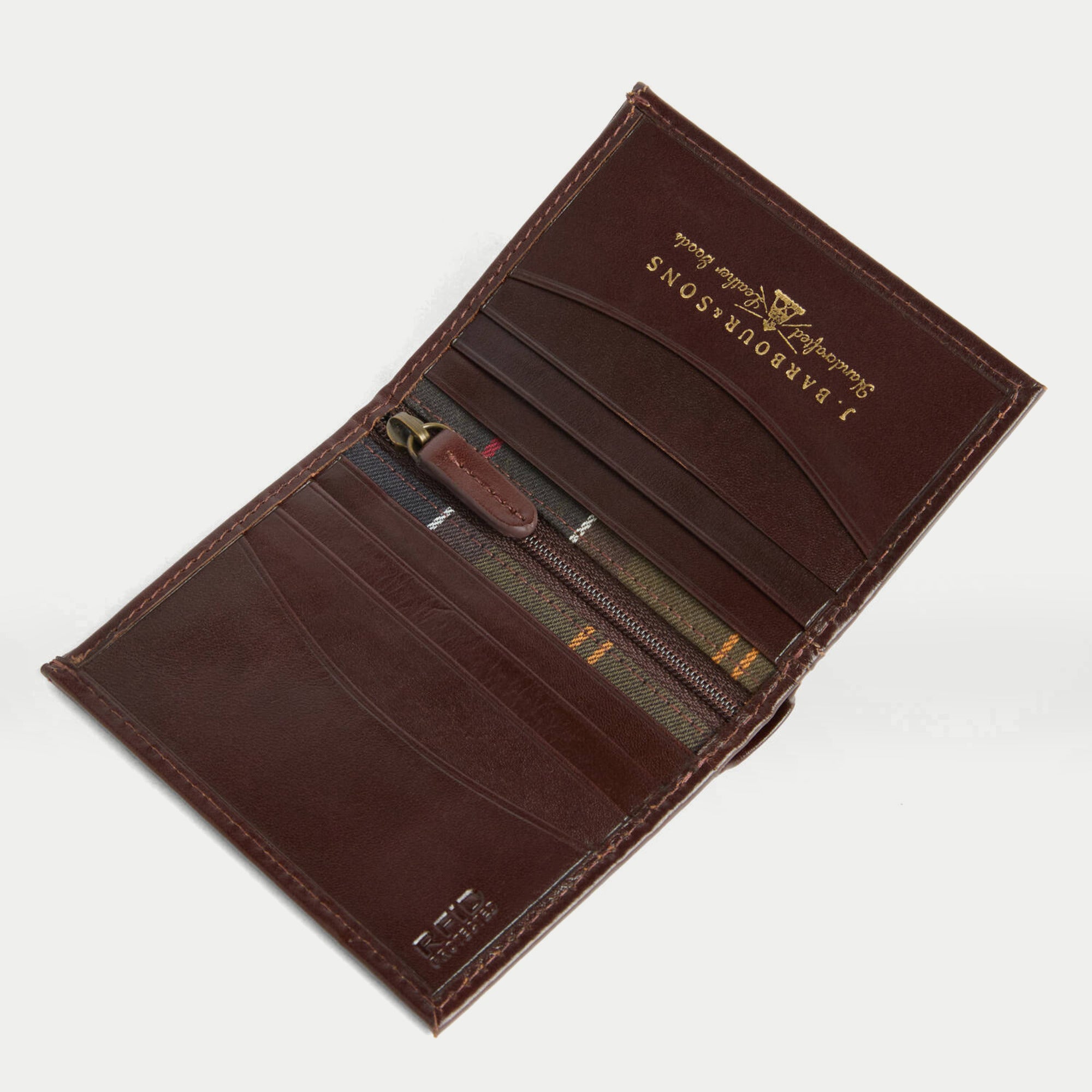 Portefeuille Colwell marron Barbour - ouvert, six fentes cartes, poche zippée et doublure tartan
