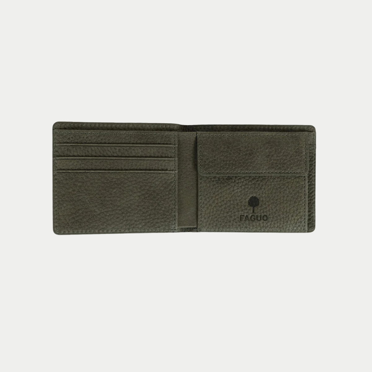 Portefeuille Faguo en cuir vert foncé ouvert : emplacements cartes, compartiment billets et poche à monnaie à rabat