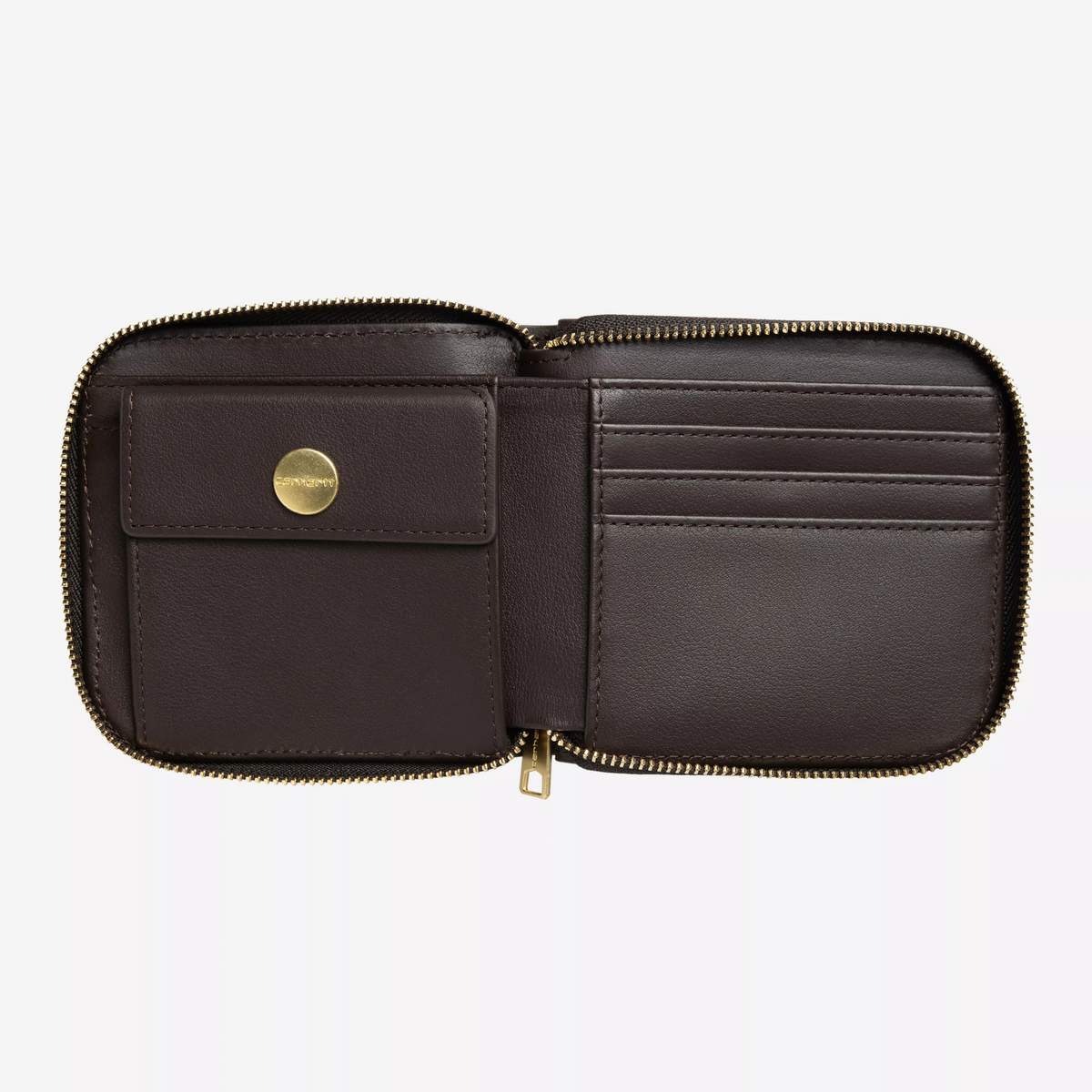 Portefeuille Carhartt WIP en cuir marron ouvert : porte-monnaie à pression dorée et trois porte-cartes
