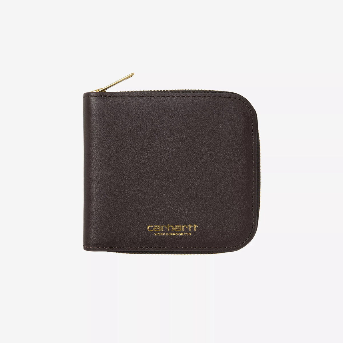 Portefeuille Carhartt WIP en cuir marron fermé, vue de face, zip doré et Script Logo embossé or