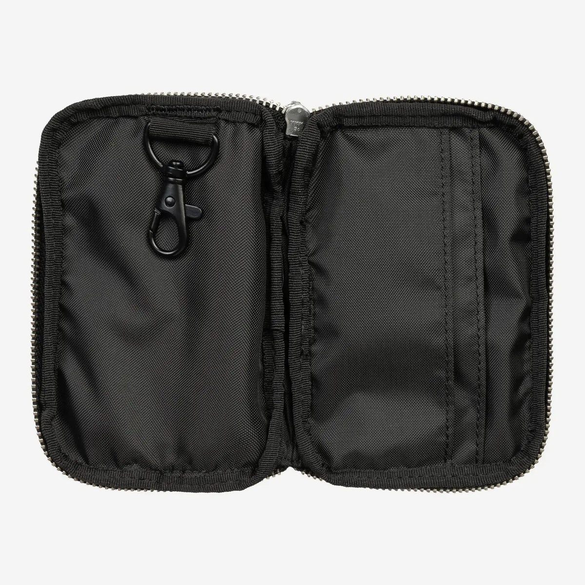 Portefeuille Leroy noir ouvert à plat, doublure noire, mousqueton pivotant et deux fentes pour cartes