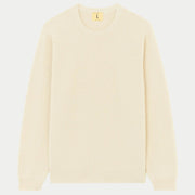 Pull Agop en coton beige chiné à plat, col rond côtelé et manches longues, vue de face