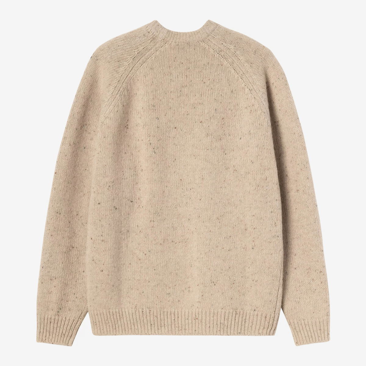 Dos du pull Anglistic Carhartt WIP beige écru : tricot moucheté jauge 3, empiècements raglan, bas et poignets côtelés