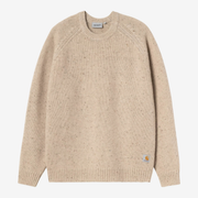 Pull Anglistic Carhartt WIP beige écru moucheté, à plat de face : col rond côtelé, manches raglan, Square Label à la base