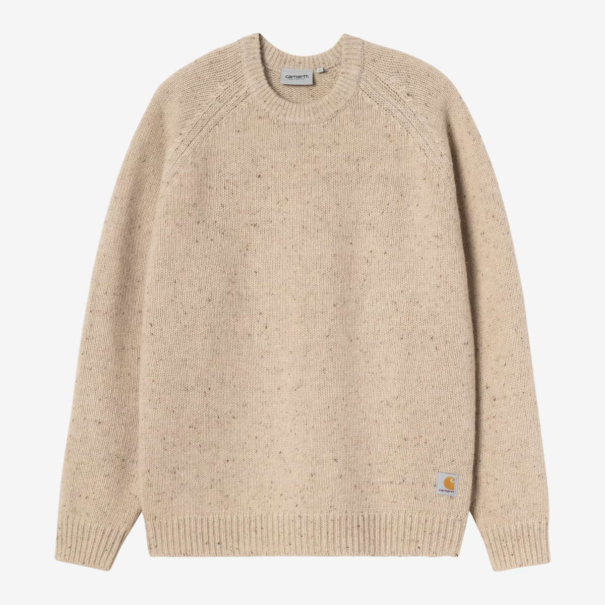 Pull Anglistic Carhartt WIP beige écru moucheté, à plat de face : col rond côtelé, manches raglan, Square Label à la base