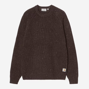 Pull Anglistic Tobacco Carhartt WIP à plat, face : maille brun chocolat mouchetée d'écru, col rond côtelé, manches raglan
