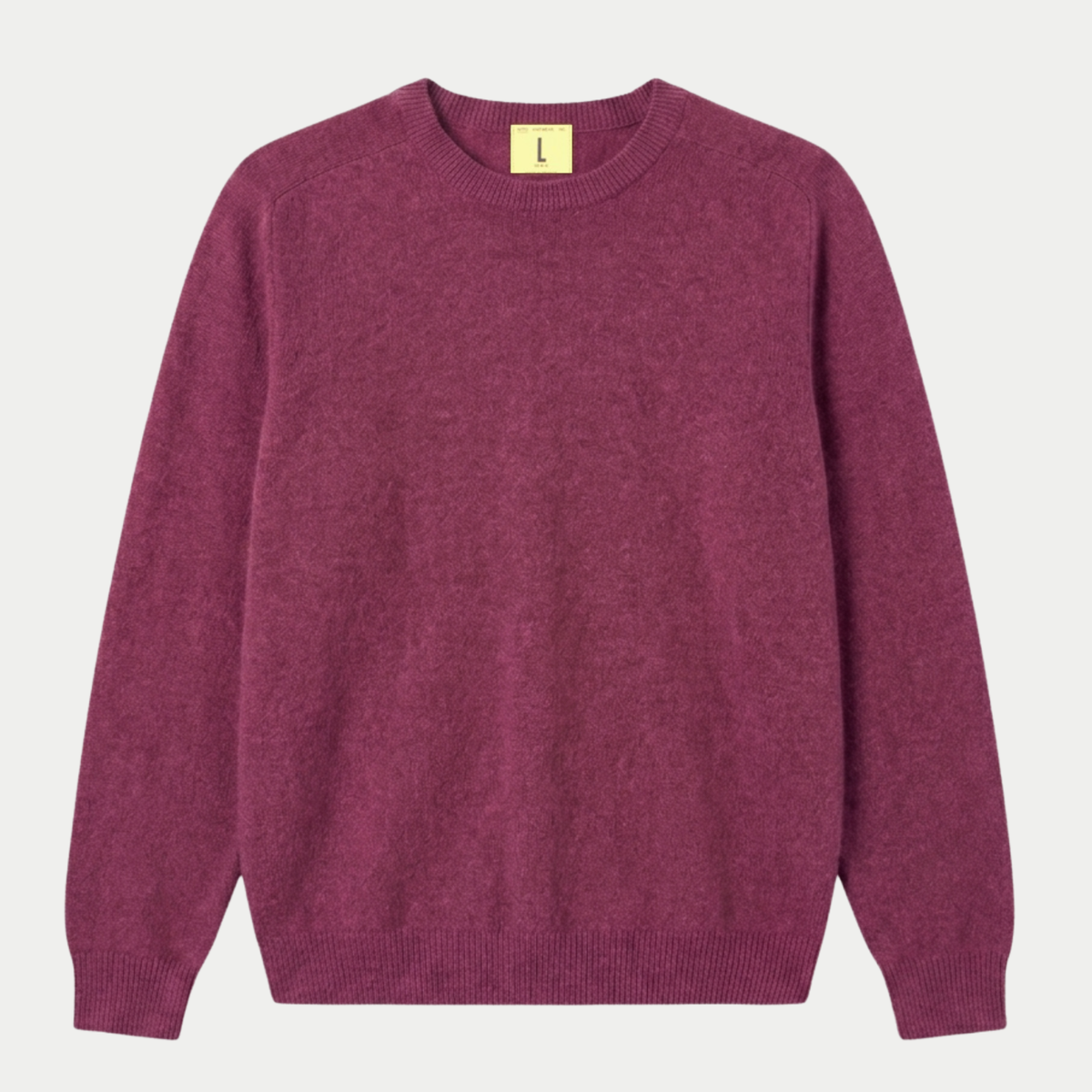 Pull Armen prune chiné Nitto Knitwear, col rond rapporté et maille jauge 8 duveteuse, vue de face à plat