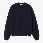 Pull Bishop bleu marine Carhartt WIP à plat, face : damier de carrés tricotés en relief, col rond côtelé